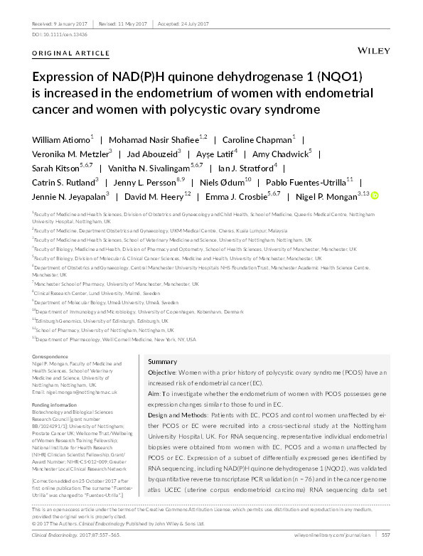 Expression of NAD(P)H quinone dehydrogenase 1 (NQO1) is increased in the endometrium of women with endometrial cancer and women with Polycystic Ovary Syndrome Thumbnail