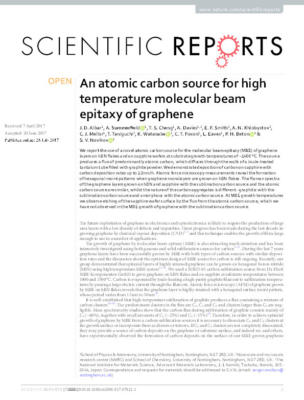An atomic carbon source for high temperature molecular beam epitaxy of graphene Thumbnail