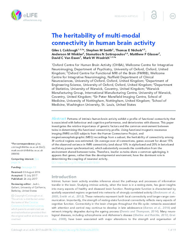 The heritability of multi-modal connectivity in human brain activity Thumbnail