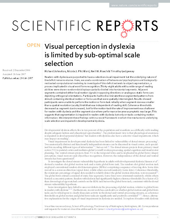 Visual perception in dyslexia is limited by sub-optimal scale selection Thumbnail