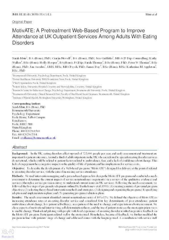 MotivATE: a pretreatment web-based program to improve attendance at UK outpatient services among adults with eating disorders Thumbnail