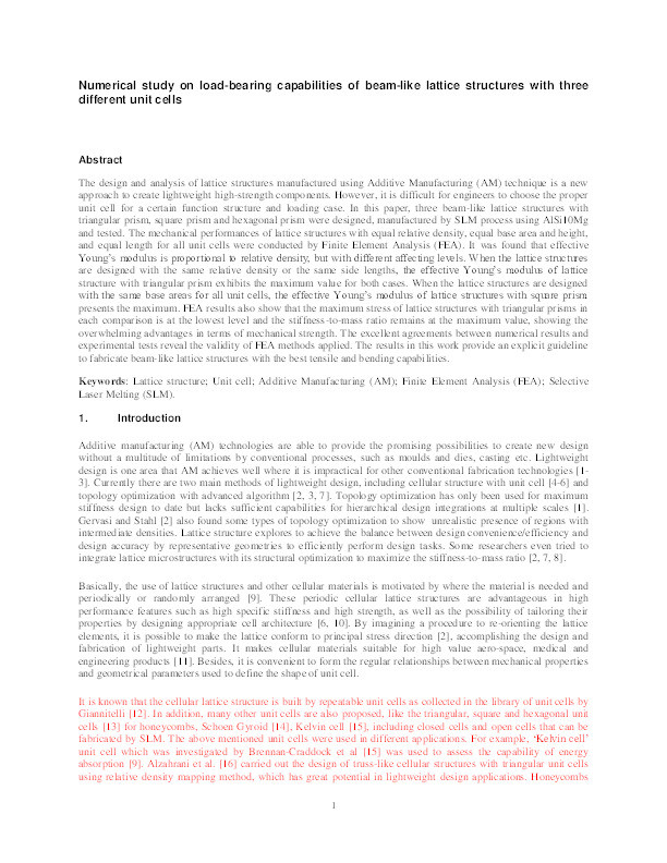 Numerical study on load-bearing capabilities of beam-like lattice structures with three different unit cells Thumbnail