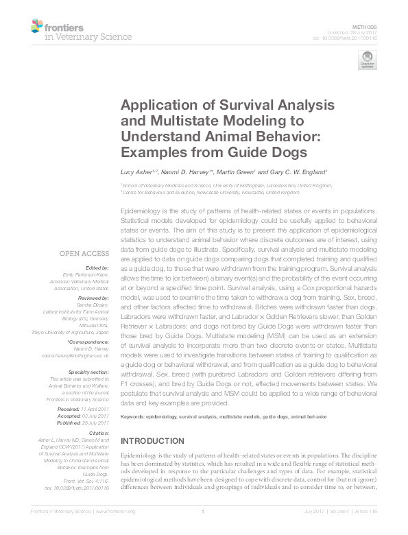 Application of survival analysis and multistate modeling to understand animal behavior: examples from guide dogs Thumbnail