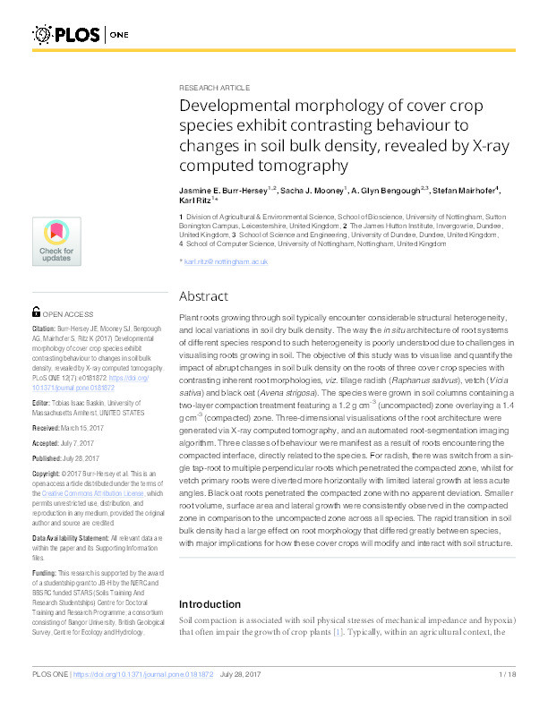 Developmental morphology of cover crop species exhibit contrasting behaviour to changes in soil bulk density, revealed by X-ray computed tomography Thumbnail