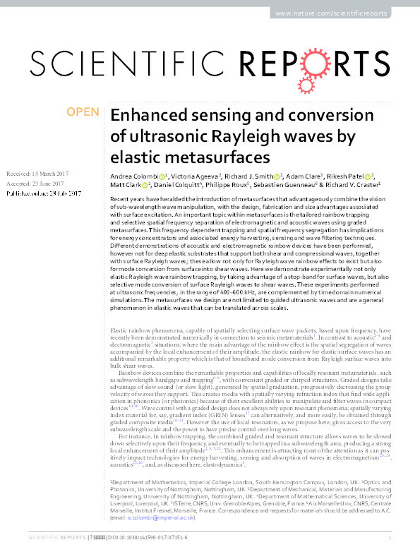 Enhanced sensing and conversion of ultrasonic Rayleigh waves by elastic metasurfaces Thumbnail