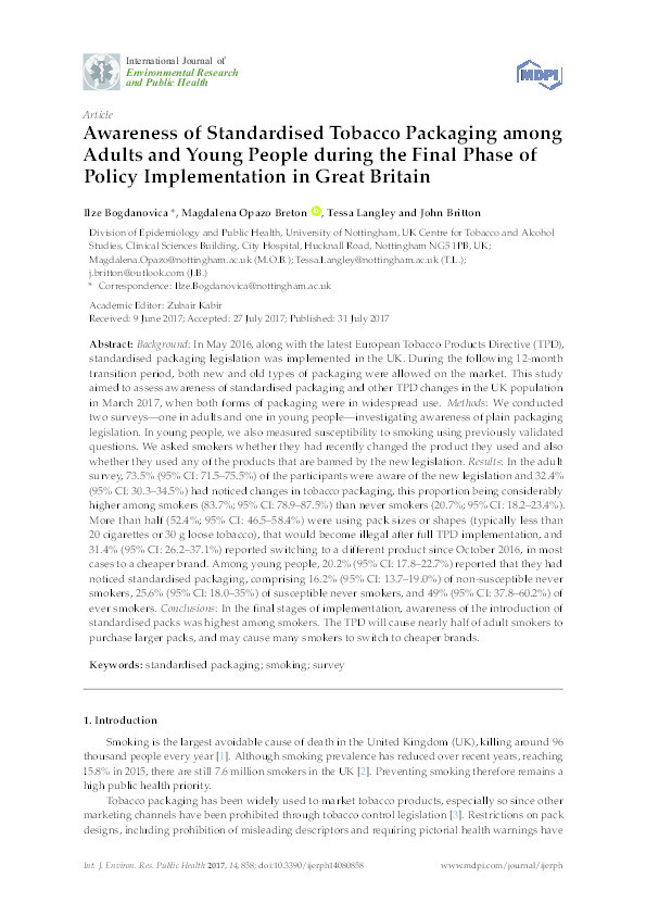 Awareness of standardised tobacco packaging among adults and young people during the final phase of policy implementation in Great Britain Thumbnail