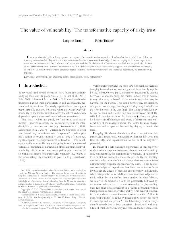 The value of vulnerability: the transformative capacity of risky trust Thumbnail