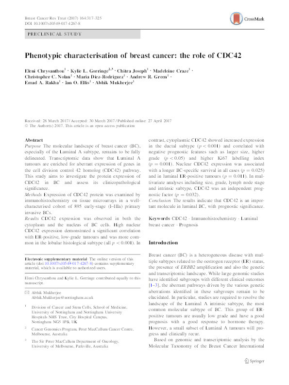 Phenotypic characterization of breast cancer: the role of CDC42 Thumbnail