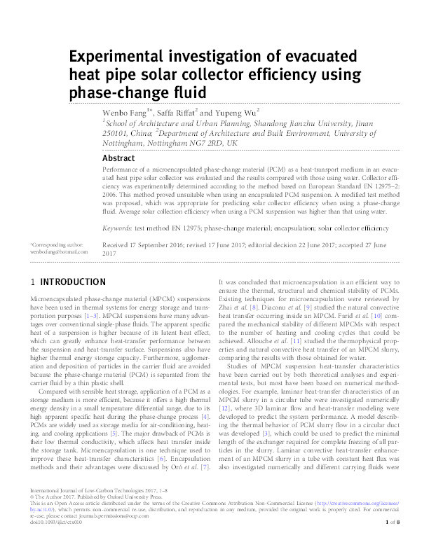 Experimental investigation of evacuated heat pipe solar collector efficiency using phase-change fluid Thumbnail