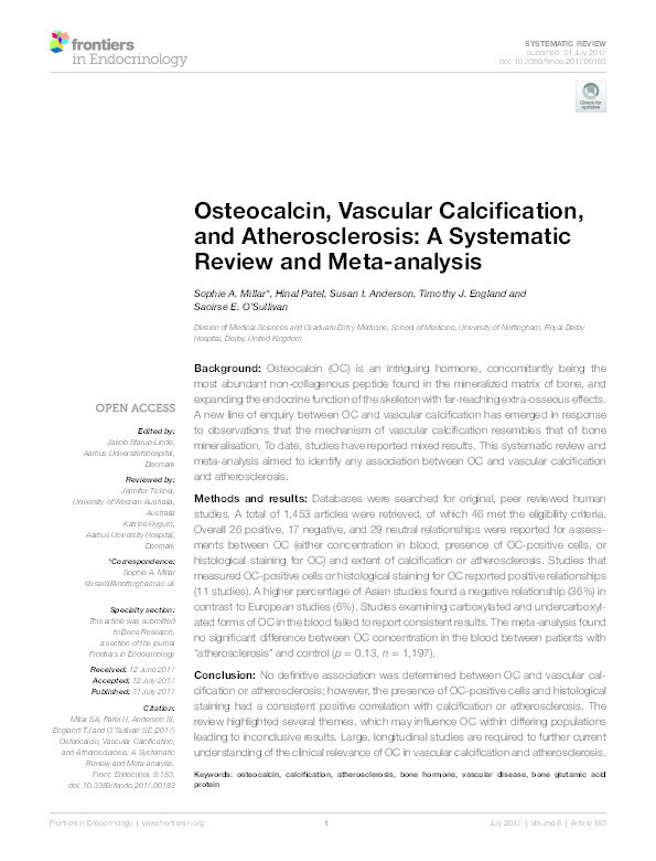 Osteocalcin, vascular calcification, and atherosclerosis: a systematic review and meta-analysis Thumbnail