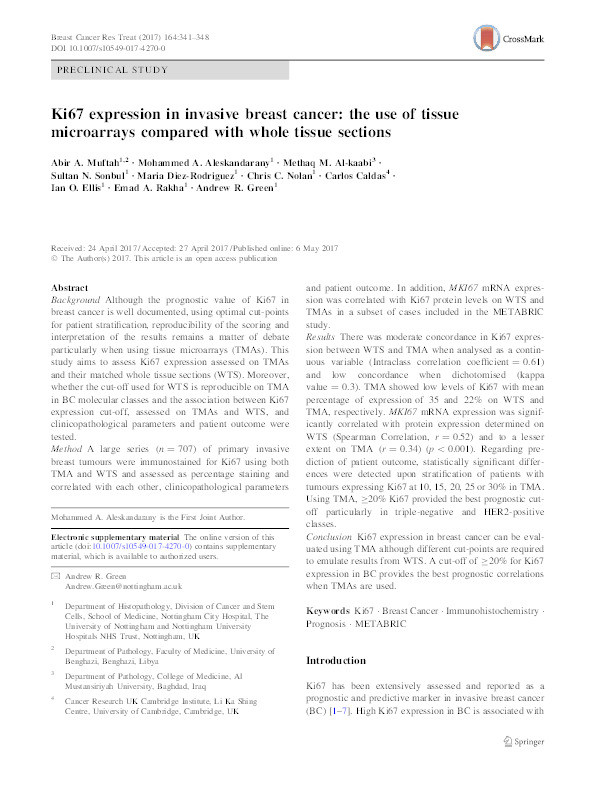 Ki67 expression in invasive breast cancer: the use of tissue microarrays compared with whole tissue sections Thumbnail