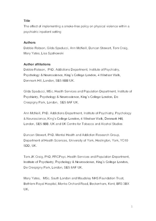 Effect of implementation of a smoke-free policy on physical violence in a psychiatric inpatient setting: an interrupted time series analysis Thumbnail