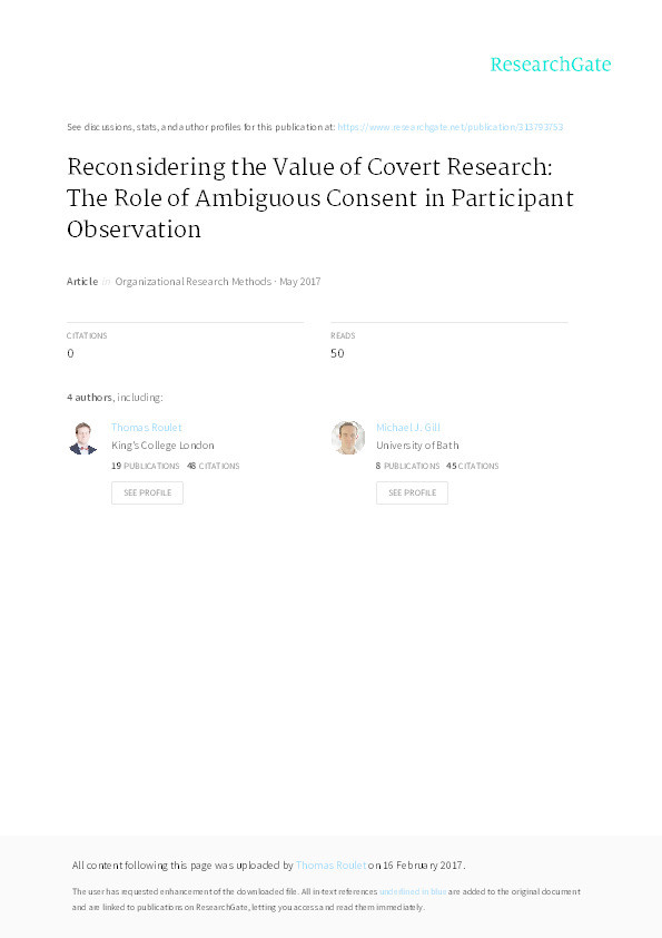 Reconsidering the value of covert research: the role of ambiguous consent in participant observation Thumbnail