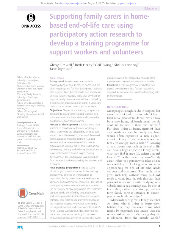 Supporting family carers in home-based end-of-life care: using participatory action research to develop a training programme for support workers and volunteers Thumbnail
