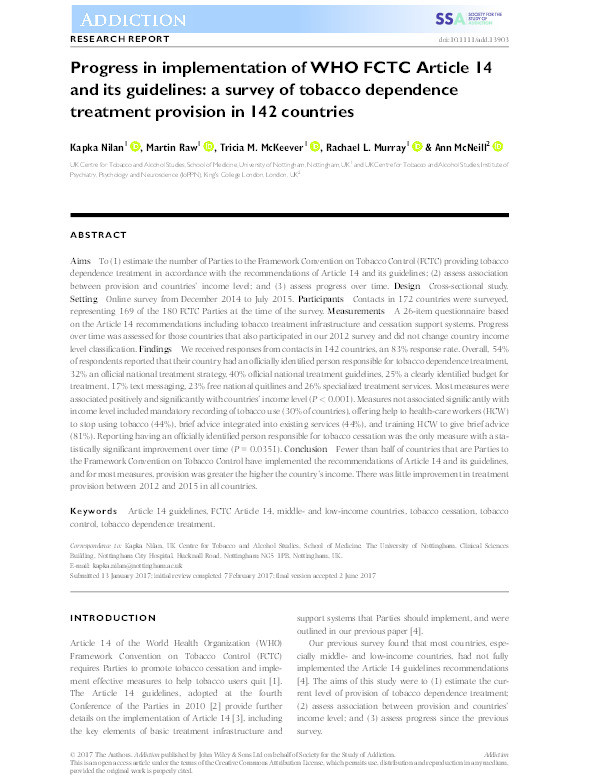 Progress in implementation of WHO FCTC Article 14 and its guidelines: a survey of tobacco dependence treatment provision in 142 countries Thumbnail