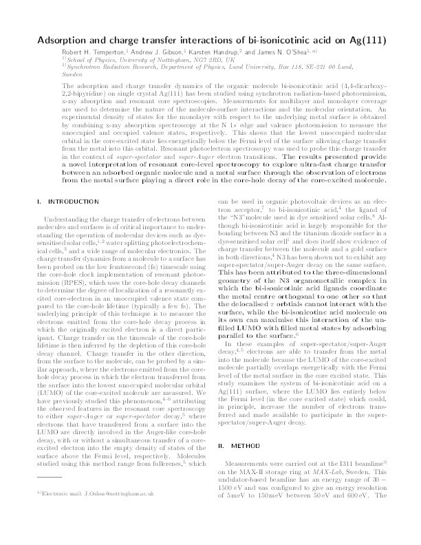 Adsorption and charge transfer interactions of bi-isonicotinic acid on Ag(111) Thumbnail