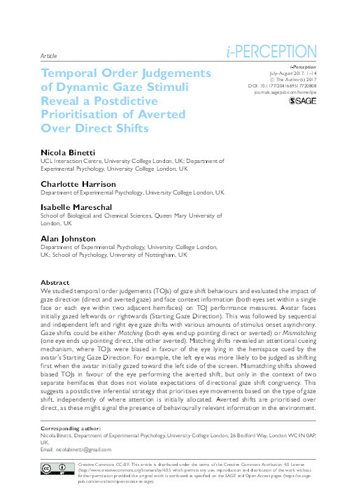 Temporal order judgements of dynamic gaze stimuli reveal a postdictive prioritisation of averted over direct shifts Thumbnail