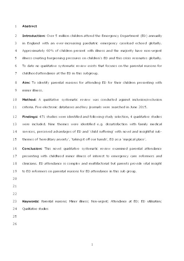 A qualitative systematic review of the reasons for parental attendance at the emergency department with children presenting with minor illness Thumbnail