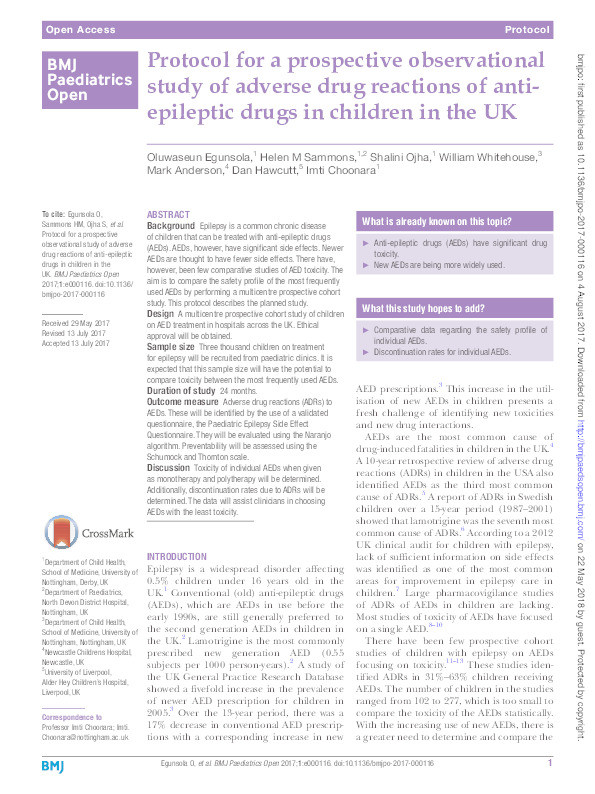 Protocol for a prospective observational study of adverse drug reactions of antiepileptic drugs in children in the UK Thumbnail