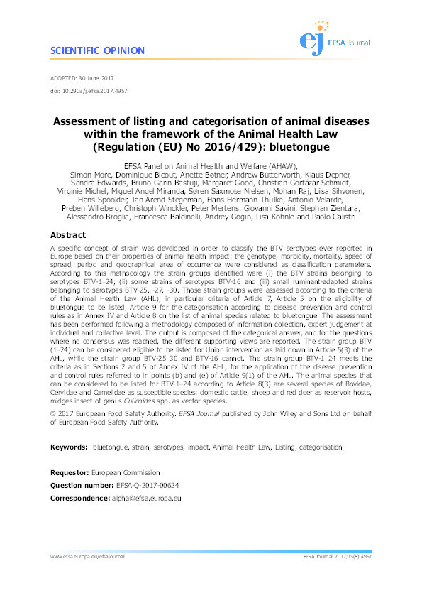 Assessment of listing and categorisation of animal diseases within the framework of the Animal Health Law (Regulation (EU) No 2016/429): bluetongue Thumbnail