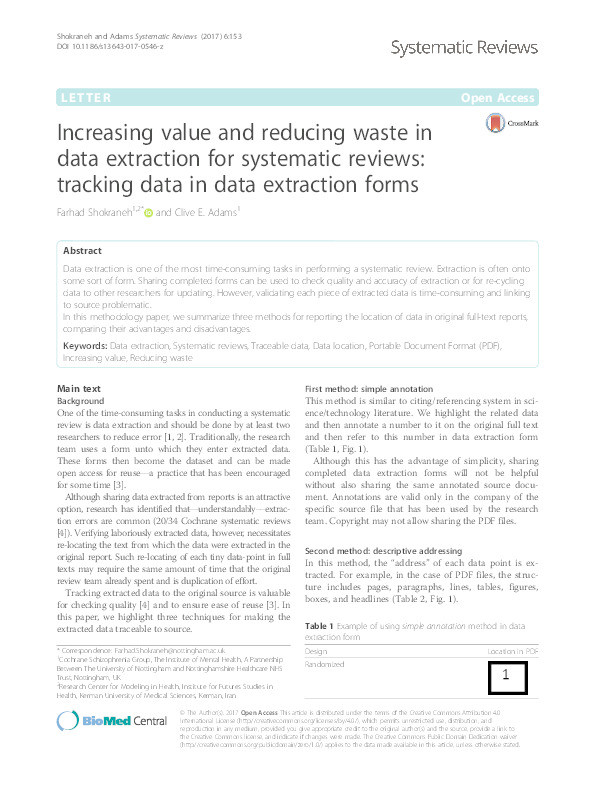 Increasing value and reducing waste in data extraction for systematic reviews: tracking data in data extraction forms Thumbnail