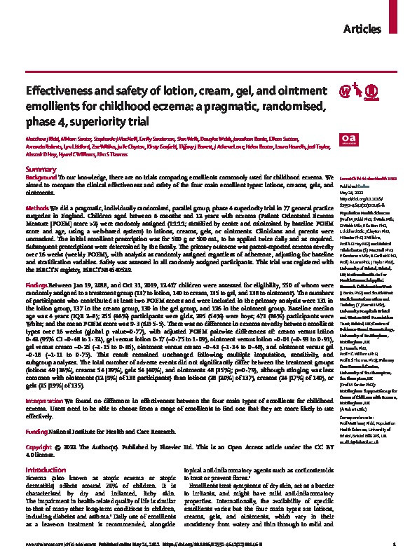 Effectiveness and safety of lotion, cream, gel, and ointment emollients for childhood eczema: a pragmatic, randomised, phase 4, superiority trial Thumbnail