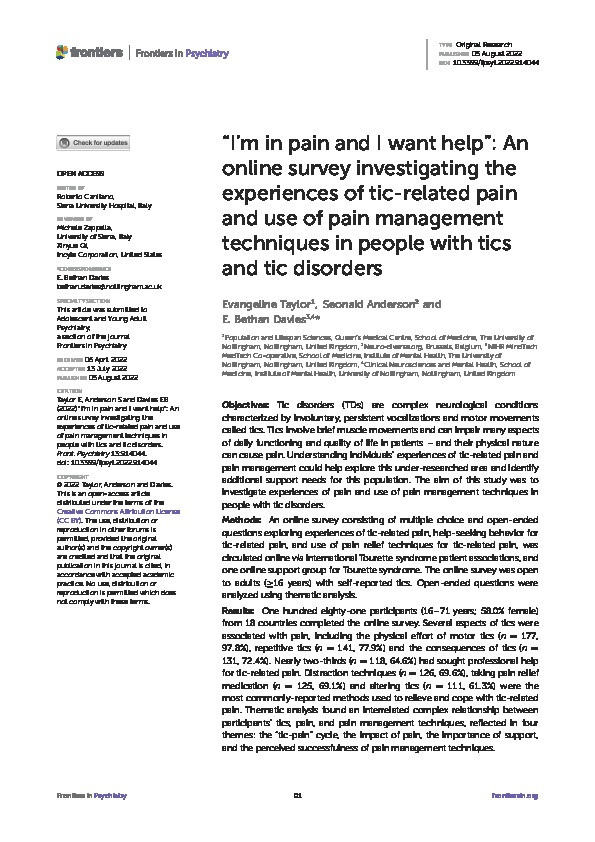 “I'm in pain and I want help”: An online survey investigating the experiences of tic-related pain and use of pain management techniques in people with tics and tic disorders Thumbnail