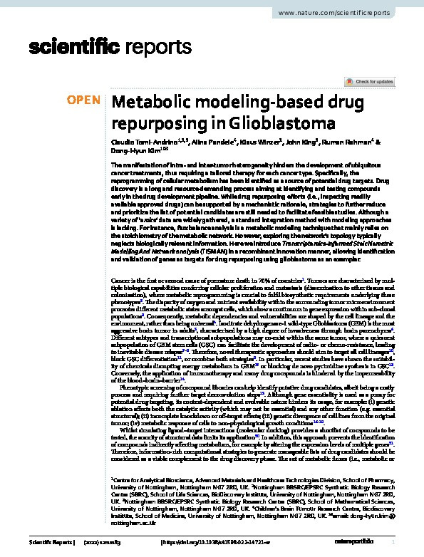 Metabolic modeling-based drug repurposing in Glioblastoma Thumbnail