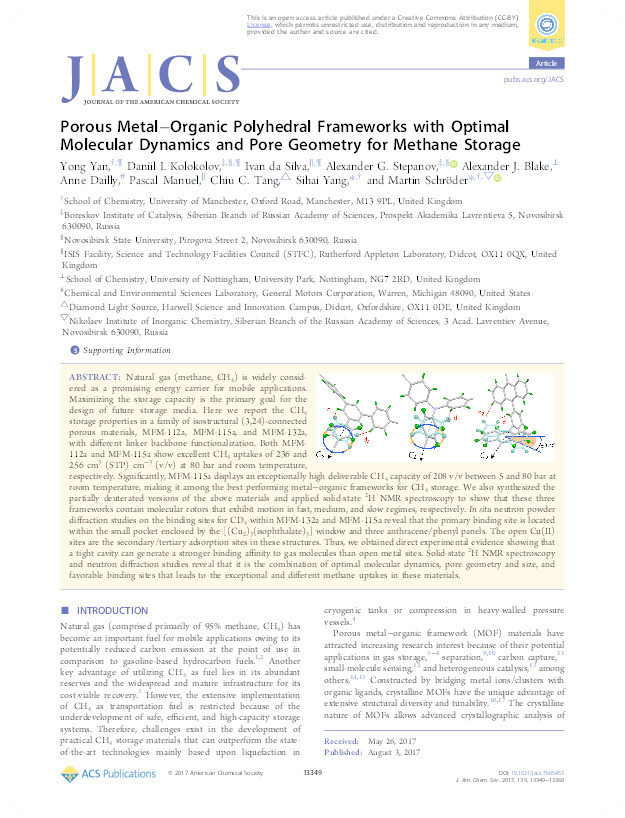 Porous metal–organic polyhedral frameworks with optimal molecular dynamics and pore geometry for methane storage Thumbnail