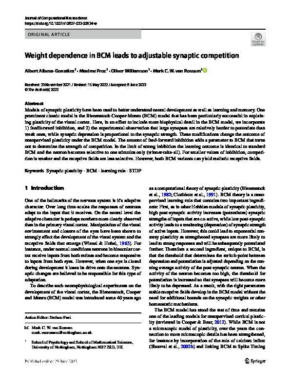 Weight dependence in BCM leads to adjustable synaptic competition Thumbnail