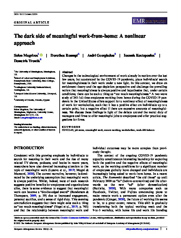 The dark side of meaningful work-from-home: A nonlinear approach Thumbnail