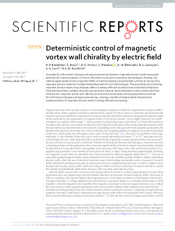 Deterministic control of magnetic vortex wall chirality by electric field Thumbnail