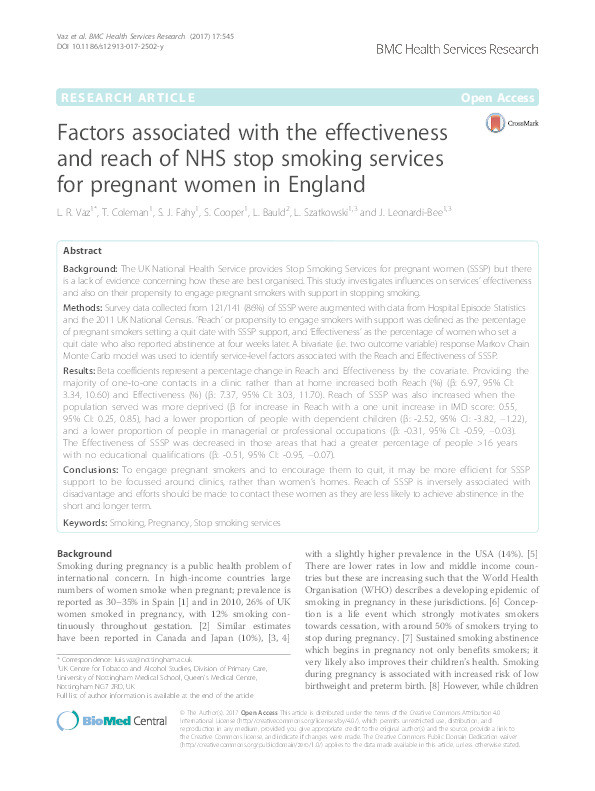 Factors associated with the effectiveness and reach of NHS Stop Smoking Services for pregnant women in England Thumbnail