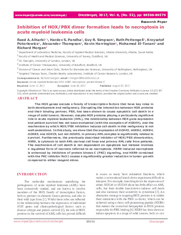 Inhibition of HOX/PBX dimer formation leads to necroptosis in acute myeloid leukemia cells Thumbnail