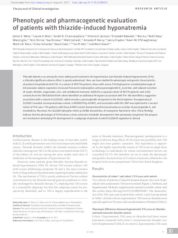 Phenotypic and pharmacogenetic evaluation of patients with thiazide-induced hyponatremia Thumbnail