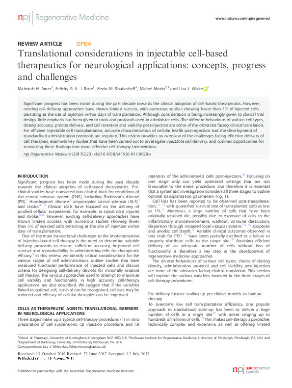 Translational considerations in injectable cell-based therapeutics for neurological applications: concepts, progress and challenges Thumbnail