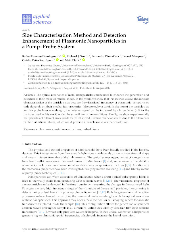 Size characterisation method and detection enhancement of plasmonic nanoparticles in a pump–probe system Thumbnail