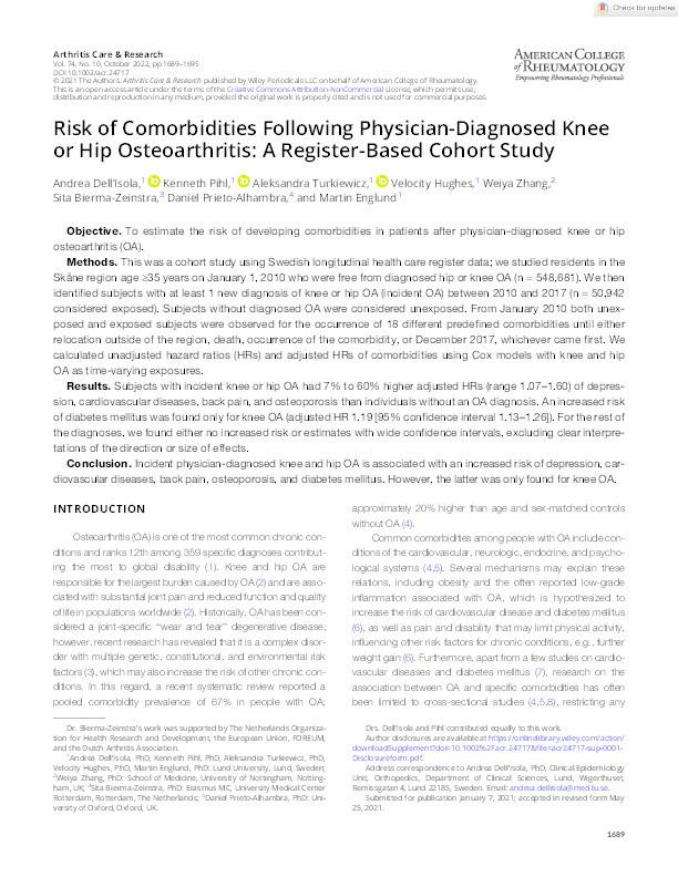 Risk of Comorbidities Following Physician‐Diagnosed Knee or Hip Osteoarthritis: A Register‐Based Cohort Study Thumbnail