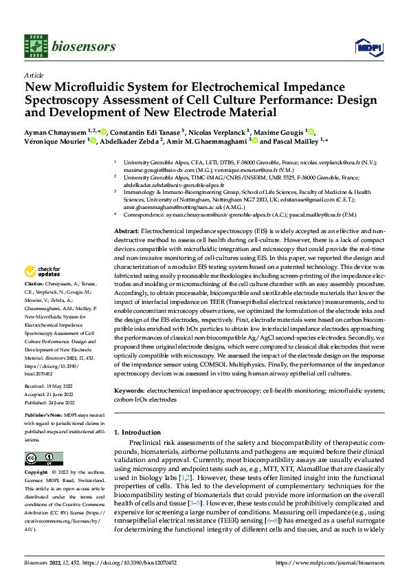 New Microfluidic System for Electrochemical Impedance Spectroscopy Assessment of Cell Culture Performance: Design and Development of New Electrode Material Thumbnail