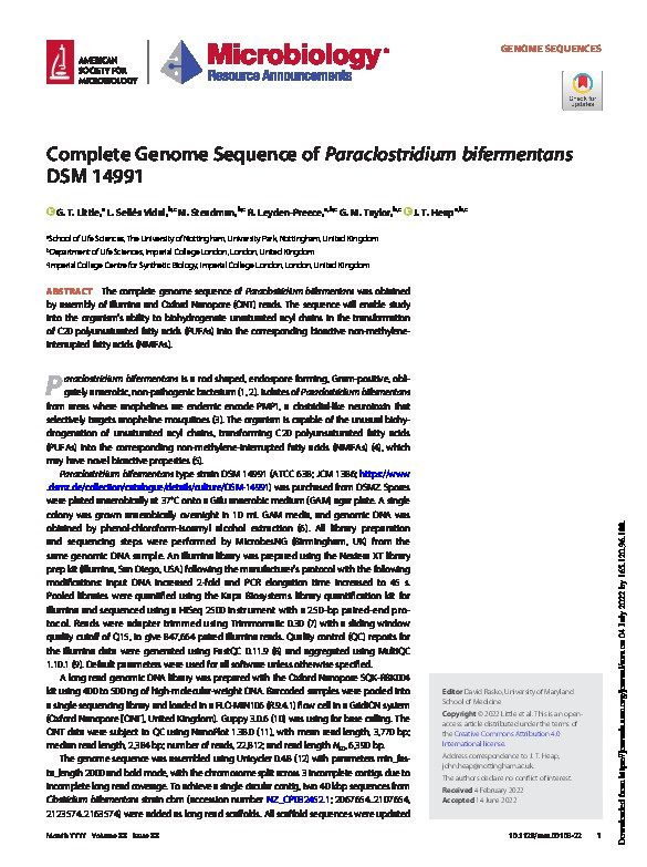 Complete Genome Sequence of Paraclostridium bifermentans DSM 14991 Thumbnail