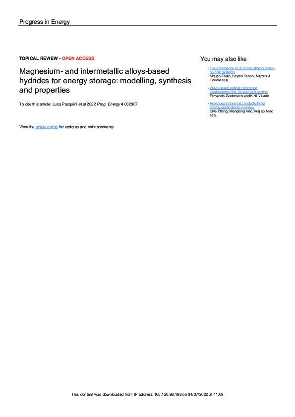 Magnesium- and intermetallic alloys-based hydrides for energy storage: Modelling, synthesis and properties Thumbnail