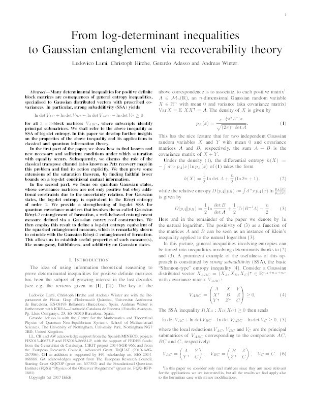 From log-determinant inequalities to Gaussian entanglement via recoverability theory Thumbnail