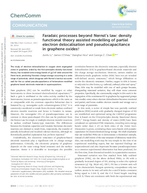 Faradaic processes beyond Nernst’s law: density functional theory assisted modelling of partial electron delocalisation and pseudocapacitance in graphene oxides Thumbnail