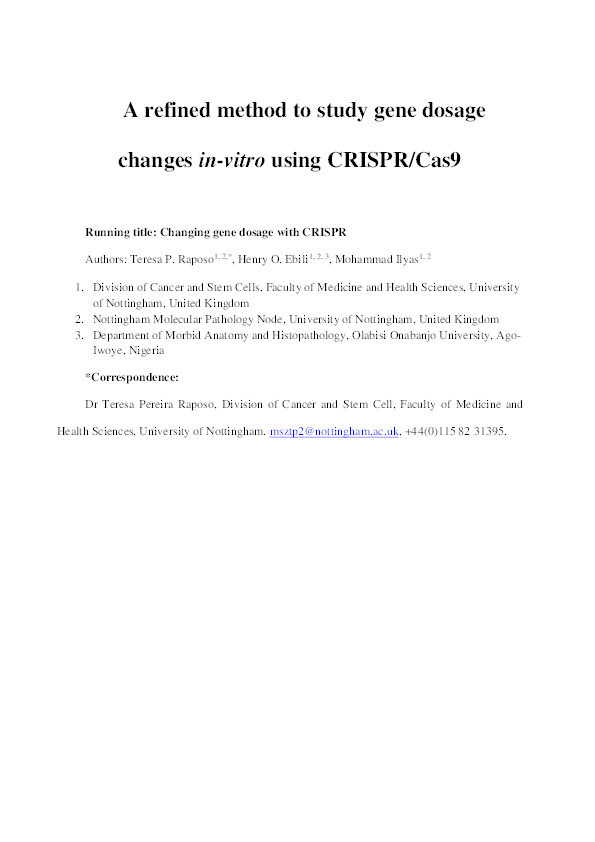 A refined method to study gene dosage changes in-vitro using CRISPR/Cas9 Thumbnail