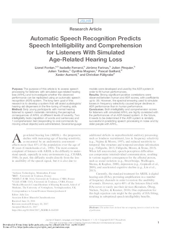 Automatic speech recognition predicts speech intelligibility and comprehension for listeners with simulated age-related hearing loss Thumbnail