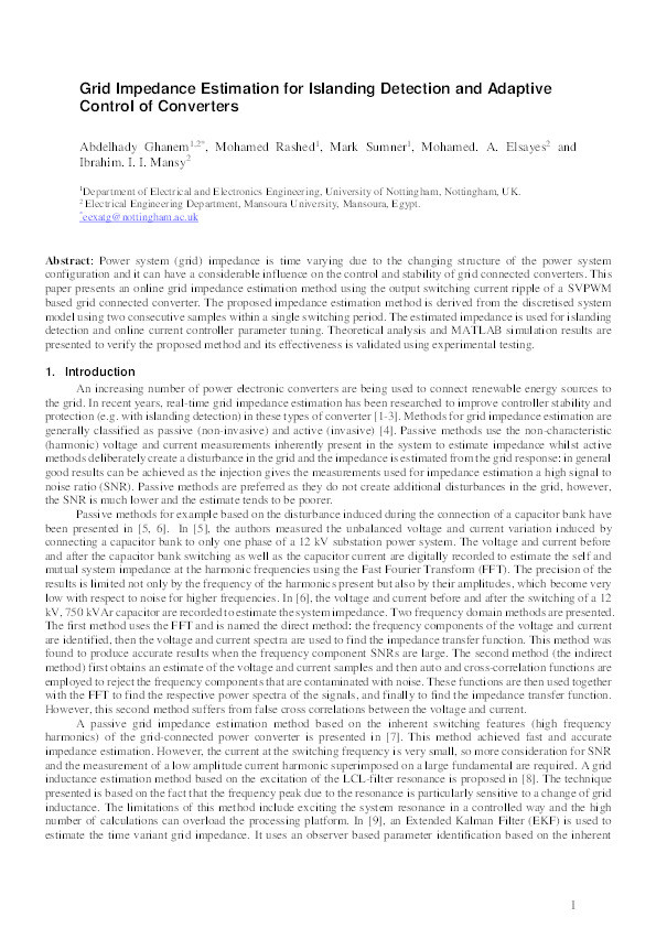 Grid impedance estimation for islanding detection and adaptive control of converters Thumbnail