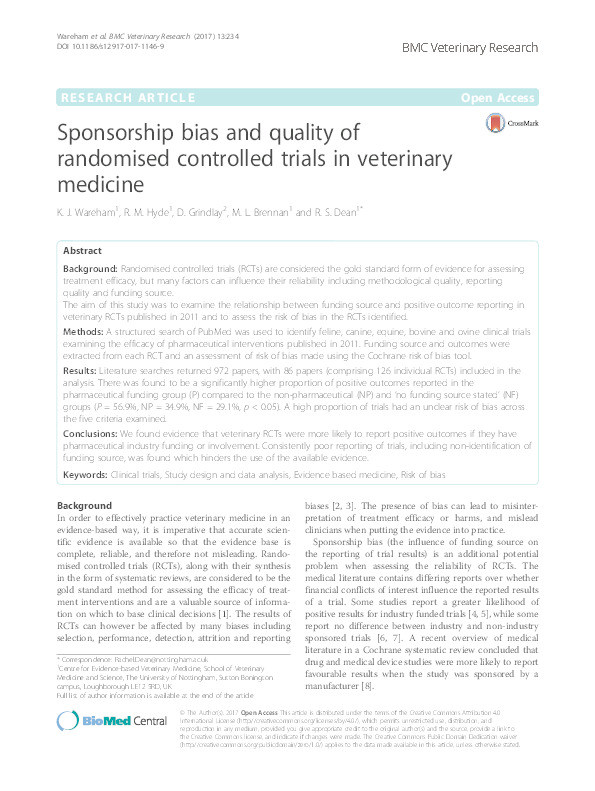 Sponsorship bias and quality of randomised controlled trials in veterinary medicine Thumbnail