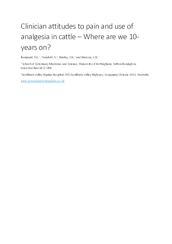 Clinician attitudes to pain and use of analgesia in cattle: where are we 10 years on? Thumbnail