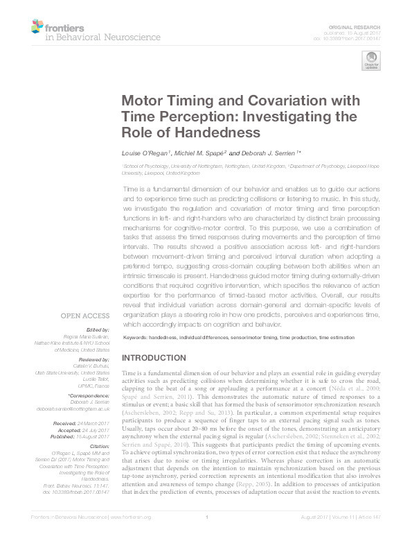 Motor timing and covariation with time perception: investigating the role of handedness Thumbnail