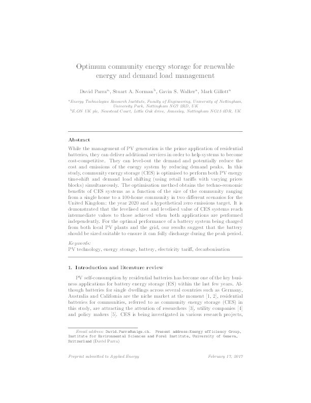 Optimum community energy storage for renewable energy and demand load management Thumbnail